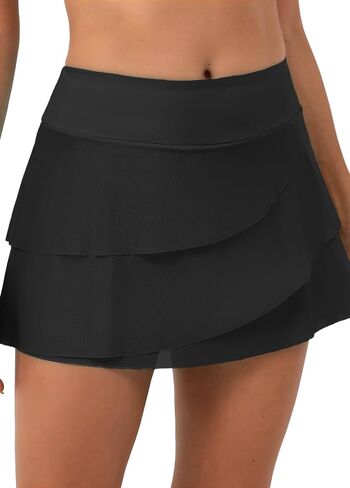 MODLILY Women's Mid Waisted Swim Skirt with Layered Crossover Hem Solid Tankini Swimsuit Bathing Suit Bottoms for Women in Saudi Arabia