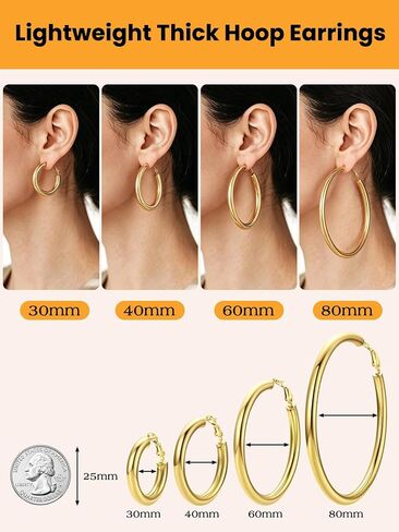 Bestyle 5mm سميكة أقراط طارة ذهبية الأطواق هيبوالرجينيك للآذان الحساسة العصرية خفيفة الوزن مكتنزة أقراط للنساء 30/40/60/80mm in Kuwait