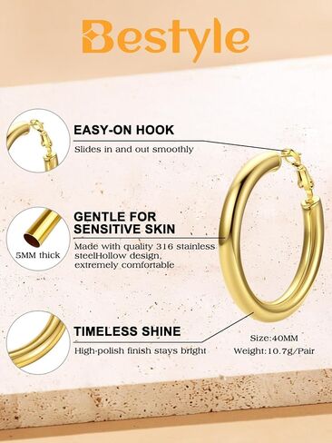 Bestyle 5mm سميكة أقراط طارة ذهبية الأطواق هيبوالرجينيك للآذان الحساسة العصرية خفيفة الوزن مكتنزة أقراط للنساء 30/40/60/80mm in Kuwait