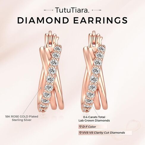 Lab Grown Diamond Earrings for Women, 0.4 Carat Total Lab Grown Diamonds Weight, 18K Rose Gold Plated 925 Sterling Silver Hoops(D-F Color, VVS-VS Clarity) in Saudi Arabia