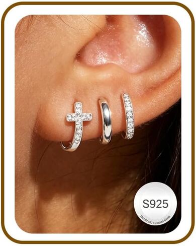 925 Sterling Silver Earrings for Women No Tarnish Small Cute Huggie Hoop Hypoallergenic Cross Earring Sets Stacks for Multiple Piercing Jewelry Gift for Women in Saudi Arabia