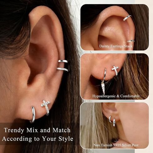 925 Sterling Silver Earrings for Women No Tarnish Small Cute Huggie Hoop Hypoallergenic Cross Earring Sets Stacks for Multiple Piercing Jewelry Gift for Women in Saudi Arabia