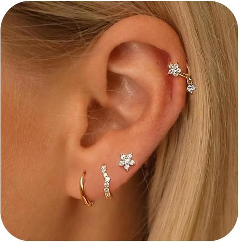 Gold Earrings for Women, Dainty Earring Stacks 14K Gold Plated CZ Huggie Earrings Small Gold Hoop Earrings Set Hypoallergenic Dangle Earrings for Women Trendy Non Tranish Jewelry Gifts in Saudi Arabia