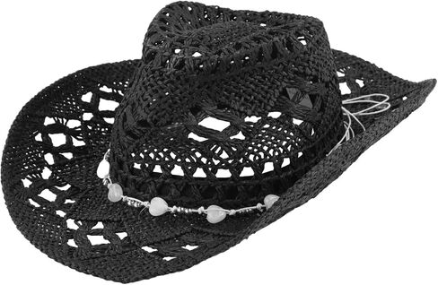 Paper Straw Cowboy Hat, Black Western Cowgirl Hat with Hand-Made Ornaments, Breathable, Shapeable Brim, Unisex Rolled up Caps, Fits 22-23.2 in Head Circumference in Kuwait