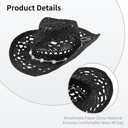 Paper Straw Cowboy Hat, Black Western Cowgirl Hat with Hand-Made Ornaments, Breathable, Shapeable Brim, Unisex Rolled up Caps, Fits 22-23.2 in Head Circumference in Kuwait
