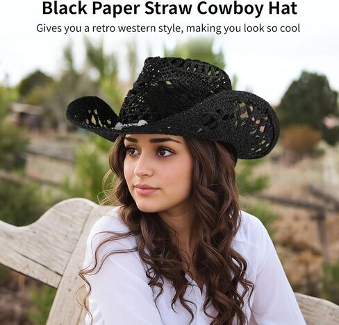 Paper Straw Cowboy Hat, Black Western Cowgirl Hat with Hand-Made Ornaments, Breathable, Shapeable Brim, Unisex Rolled up Caps, Fits 22-23.2 in Head Circumference in Kuwait