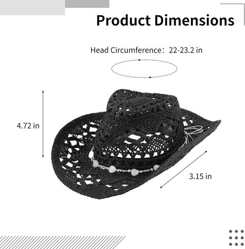 Paper Straw Cowboy Hat, Black Western Cowgirl Hat with Hand-Made Ornaments, Breathable, Shapeable Brim, Unisex Rolled up Caps, Fits 22-23.2 in Head Circumference in Kuwait