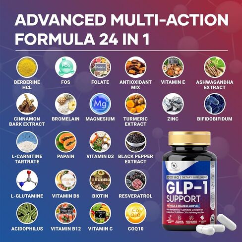 24-in-1 GLP-1 Supplement 1000 mg with Berberine, L-Carnitine, Ashwagandha | Metabolism Support for Satiety & Craving Control | Probiotics 10 Billion CFU for Gut Health & Healthy Energy – 60 Capsules in Kuwait