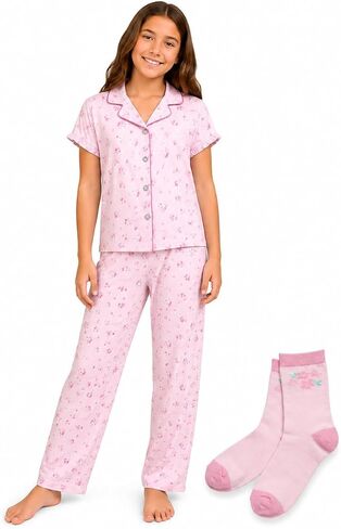 AEROPOSTALE Girls Pajama Set - 3 Piece Button Down Sleep Shirt Pajama Pants - PJ Youth Tween Girls Pajama Set in Kuwait