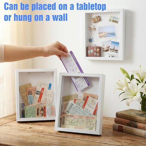2 Pack 8" x 10" Travel Shadow Box with Slot, Adventure Archive Box & Travel Fund Money Boxes - Top Loading Display Case for Tickets, Caps, Medals, DIY Memories (White) in Saudi Arabia