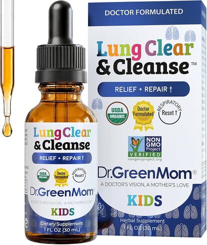 Dr Green Mom Lung Clear & Cleanse — Kids Lung & Bronchial Support Drops — Mullein Respiratory Supplement for Kids — Easy Breathing & Immune Support During Increased Exposure to Pollution — 1 fl oz in Kuwait