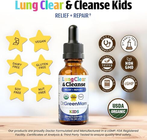 Dr Green Mom Lung Clear & Cleanse — Kids Lung & Bronchial Support Drops — Mullein Respiratory Supplement for Kids — Easy Breathing & Immune Support During Increased Exposure to Pollution — 1 fl oz in Kuwait
