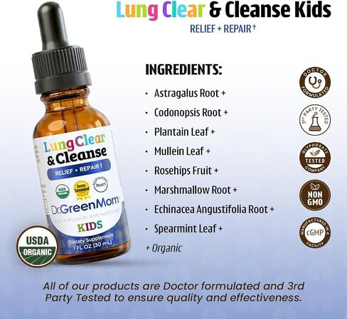Dr Green Mom Lung Clear & Cleanse — Kids Lung & Bronchial Support Drops — Mullein Respiratory Supplement for Kids — Easy Breathing & Immune Support During Increased Exposure to Pollution — 1 fl oz in Kuwait