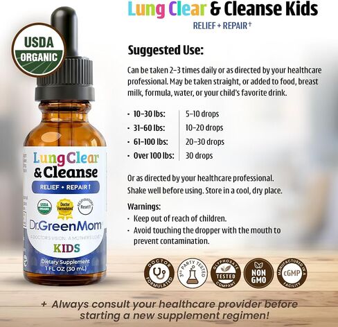 Dr Green Mom Lung Clear & Cleanse — Kids Lung & Bronchial Support Drops — Mullein Respiratory Supplement for Kids — Easy Breathing & Immune Support During Increased Exposure to Pollution — 1 fl oz in Kuwait