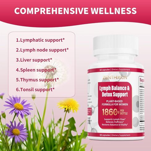 Lymphatic Drainage Supplements, 1860mg Lymph System Support Supplement for Women with Dandelion, Burdock, Echinacea, Rutin, Turmeric, Cleavers, Bromelain & More, 60 Capsules in Saudi Arabia