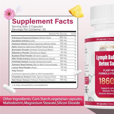 Lymphatic Drainage Supplements, 1860mg Lymph System Support Supplement for Women with Dandelion, Burdock, Echinacea, Rutin, Turmeric, Cleavers, Bromelain & More, 60 Capsules in Saudi Arabia