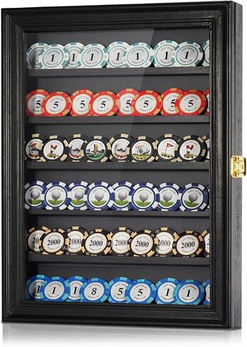 Poker Chip Display Case - Black Wooden Casino Chip Display Rack with 5 Dual-Groove Tiers. 16x12 Wall Holder for Standard & Golf Poker Chips in Saudi Arabia