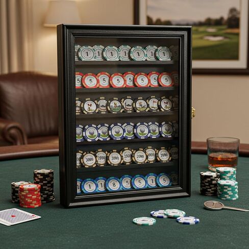 Poker Chip Display Case - Black Wooden Casino Chip Display Rack with 5 Dual-Groove Tiers. 16x12 Wall Holder for Standard & Golf Poker Chips in Saudi Arabia