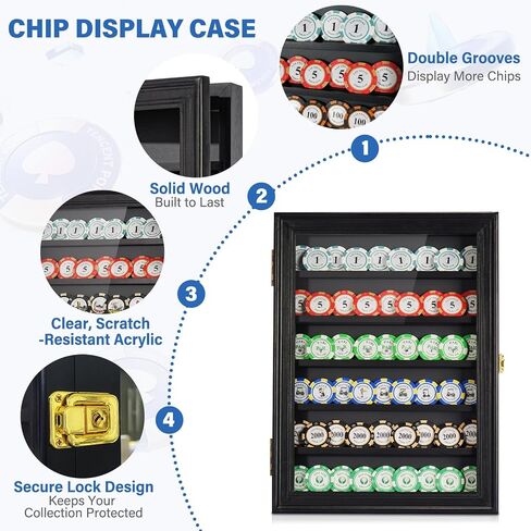 Poker Chip Display Case - Black Wooden Casino Chip Display Rack with 5 Dual-Groove Tiers. 16x12 Wall Holder for Standard & Golf Poker Chips in Saudi Arabia