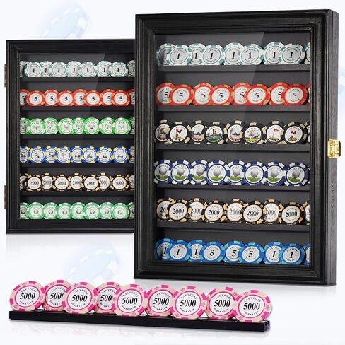 Poker Chip Display Case - Black Wooden Casino Chip Display Rack with 5 Dual-Groove Tiers. 16x12 Wall Holder for Standard & Golf Poker Chips in Saudi Arabia