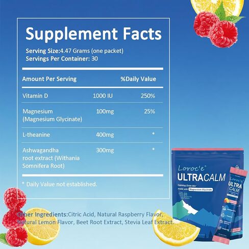 Loroc'e UltraCalm Super Cortisol Reducer Drink, Magnesium Glycinate (30 Servings), L-theanine, Ashwagandha, Vitamin D, No Sugar, Raspberry Lemonade Sleep Aid Powder in Saudi Arabia