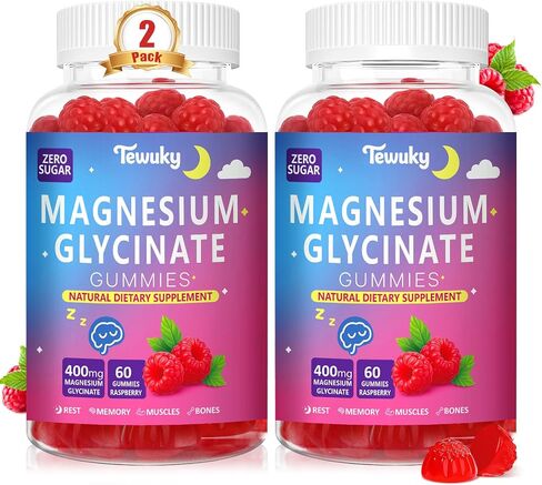 Magnesium Glycinate Gummies 400mg - Sugar Free Vegan Gummies for Adults & Kids with Vitamin D3, B6, C, CoQ10, Collagen, Zinc - Sleep, Muscle, Bone & Memory Support - 60 Raspberry Chewables in Kuwait