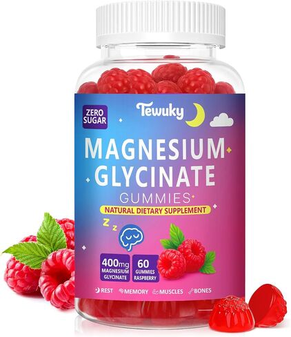 Magnesium Glycinate Gummies 400mg - Sugar Free Vegan Gummies for Adults & Kids with Vitamin D3, B6, C, CoQ10, Collagen, Zinc - Sleep, Muscle, Bone & Memory Support - 60 Raspberry Chewables in Kuwait