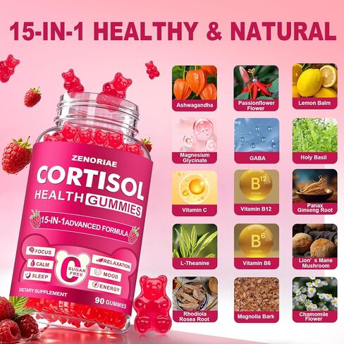 Cortisol Supplements for Women & Men, Sugar Free 15-in-1 Cortisol Gummies, with Magnesium, Ashwagandha, L-Theanine & Rhodiola, Stress, Mood & Focus Support, Vegan, 90 Count in Kuwait