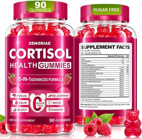 Cortisol Supplements for Women & Men, Sugar Free 15-in-1 Cortisol Gummies, with Magnesium, Ashwagandha, L-Theanine & Rhodiola, Stress, Mood & Focus Support, Vegan, 90 Count in Kuwait