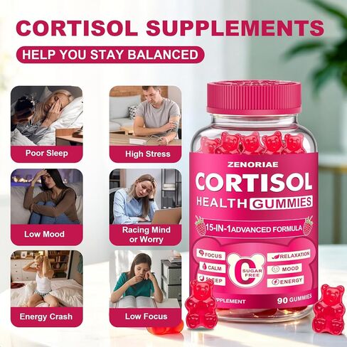 Cortisol Supplements for Women & Men, Sugar Free 15-in-1 Cortisol Gummies, with Magnesium, Ashwagandha, L-Theanine & Rhodiola, Stress, Mood & Focus Support, Vegan, 90 Count in Kuwait