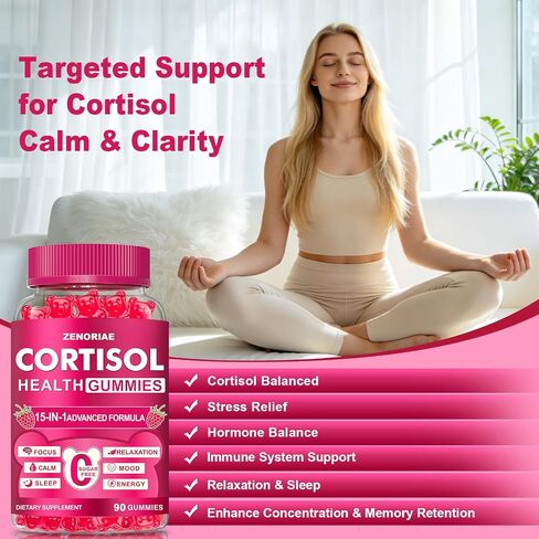 Cortisol Supplements for Women & Men, Sugar Free 15-in-1 Cortisol Gummies, with Magnesium, Ashwagandha, L-Theanine & Rhodiola, Stress, Mood & Focus Support, Vegan, 90 Count in Kuwait