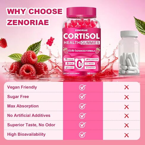 Cortisol Supplements for Women & Men, Sugar Free 15-in-1 Cortisol Gummies, with Magnesium, Ashwagandha, L-Theanine & Rhodiola, Stress, Mood & Focus Support, Vegan, 90 Count in Kuwait