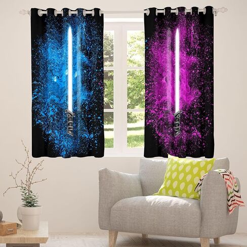 Feelyou Lightsaber Curtains for Bedroom Living Room Blue Pink Tie Dye Curtains for Kids Boys Teens Future Technology Windows Drapes Ultra Soft Luxury Room Decoration,52 X 84 Inch,2 Panels in Kuwait