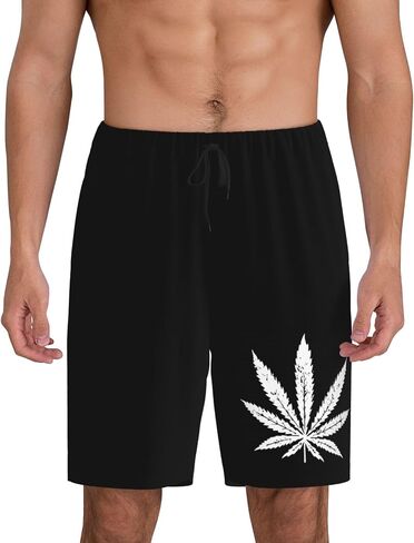 White Weed Leaf Pajama Shorts for Men, Men's Pajama Bottoms, Sleepwear for Summer in Saudi Arabia