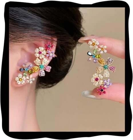 2pcs Crystal Floral Ear Cuffs Multicolor Flower Fairy Ears for One Hole or Clip on Dainty Elves Ear Wrap Earrings Non-pierced Fake Earrings for Cosplay Costume Statement Cartilage Climber Earring Gift for Women in Saudi Arabia