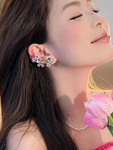 2pcs Crystal Floral Ear Cuffs Multicolor Flower Fairy Ears for One Hole or Clip on Dainty Elves Ear Wrap Earrings Non-pierced Fake Earrings for Cosplay Costume Statement Cartilage Climber Earring Gift for Women in Saudi Arabia