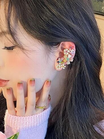2pcs Crystal Floral Ear Cuffs Multicolor Flower Fairy Ears for One Hole or Clip on Dainty Elves Ear Wrap Earrings Non-pierced Fake Earrings for Cosplay Costume Statement Cartilage Climber Earring Gift for Women in Saudi Arabia
