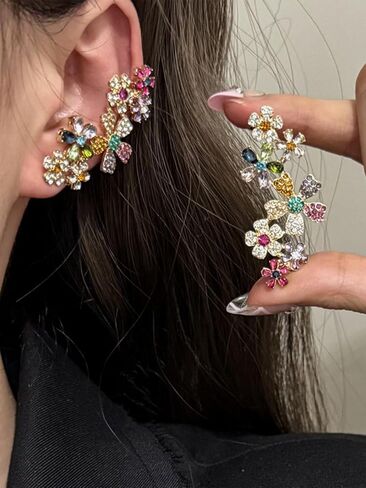 2pcs Crystal Floral Ear Cuffs Multicolor Flower Fairy Ears for One Hole or Clip on Dainty Elves Ear Wrap Earrings Non-pierced Fake Earrings for Cosplay Costume Statement Cartilage Climber Earring Gift for Women in Saudi Arabia