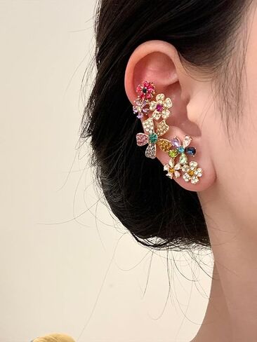 2pcs Crystal Floral Ear Cuffs Multicolor Flower Fairy Ears for One Hole or Clip on Dainty Elves Ear Wrap Earrings Non-pierced Fake Earrings for Cosplay Costume Statement Cartilage Climber Earring Gift for Women in Saudi Arabia