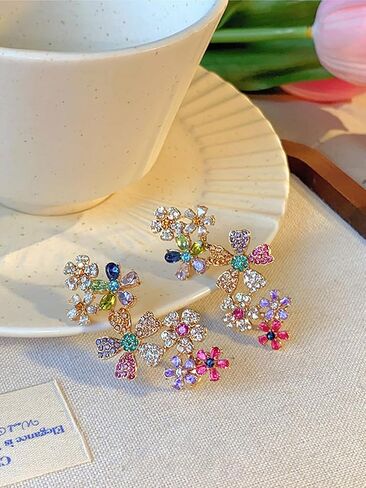 2pcs Crystal Floral Ear Cuffs Multicolor Flower Fairy Ears for One Hole or Clip on Dainty Elves Ear Wrap Earrings Non-pierced Fake Earrings for Cosplay Costume Statement Cartilage Climber Earring Gift for Women in Saudi Arabia