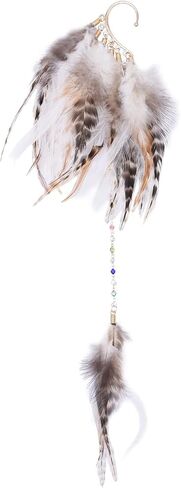 1 Piece Feather Ear Cuff Earring with Beaded Chain Bohemian Style Long Dangle Design Handmade Feather Ear Wrap, American Indian Style in Kuwait
