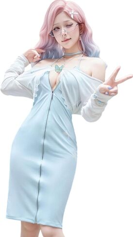 Sexy Plus Size Cosplay Lingerie Set, Back Zipper & Open-Back Design, Includes Jacket, Butterfly Brooch & Dress, Blue & White, One Size Fits US M-L, Please Refer to Size Chart in Kuwait