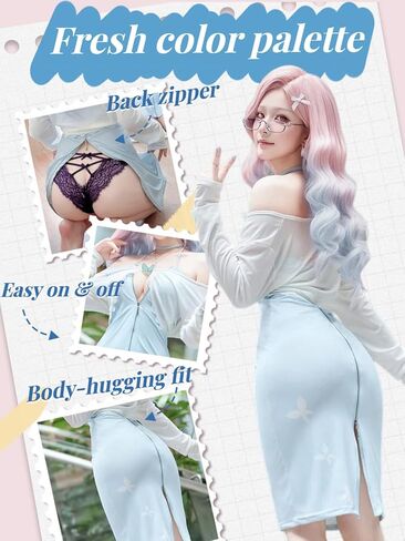 Sexy Plus Size Cosplay Lingerie Set, Back Zipper & Open-Back Design, Includes Jacket, Butterfly Brooch & Dress, Blue & White, One Size Fits US M-L, Please Refer to Size Chart in Kuwait