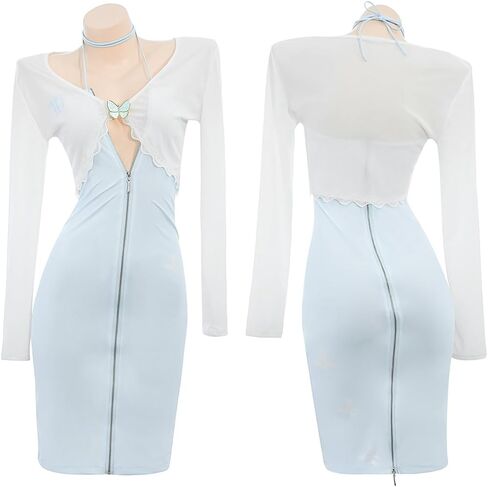 Sexy Plus Size Cosplay Lingerie Set, Back Zipper & Open-Back Design, Includes Jacket, Butterfly Brooch & Dress, Blue & White, One Size Fits US M-L, Please Refer to Size Chart in Kuwait