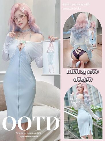 Sexy Plus Size Cosplay Lingerie Set, Back Zipper & Open-Back Design, Includes Jacket, Butterfly Brooch & Dress, Blue & White, One Size Fits US M-L, Please Refer to Size Chart in Kuwait