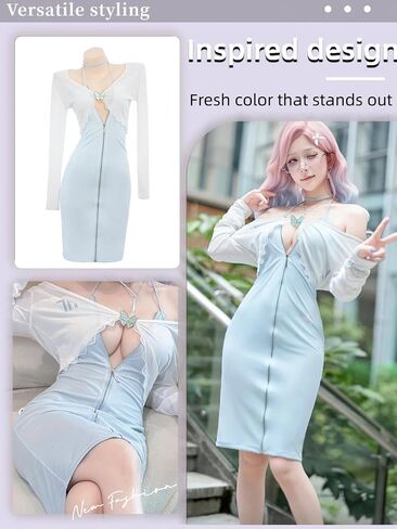 Sexy Plus Size Cosplay Lingerie Set, Back Zipper & Open-Back Design, Includes Jacket, Butterfly Brooch & Dress, Blue & White, One Size Fits US M-L, Please Refer to Size Chart in Kuwait