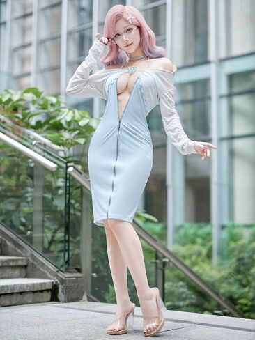 Sexy Plus Size Cosplay Lingerie Set, Back Zipper & Open-Back Design, Includes Jacket, Butterfly Brooch & Dress, Blue & White, One Size Fits US M-L, Please Refer to Size Chart in Kuwait