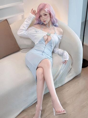 Sexy Plus Size Cosplay Lingerie Set, Back Zipper & Open-Back Design, Includes Jacket, Butterfly Brooch & Dress, Blue & White, One Size Fits US M-L, Please Refer to Size Chart in Kuwait