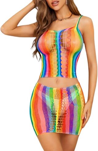 Women's Two Piece Sexy Rainbow Fishnet Top & Skirt Sets One Size in Saudi Arabia