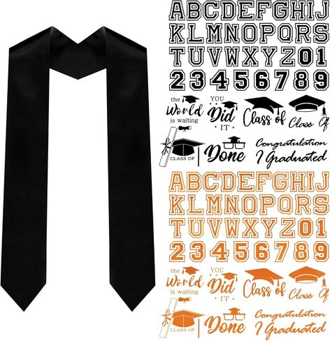 Adult Black Plain Graduation Stole 2025 with A to Z Letter 0 to 9 Number Iron on Patches Heat Transfer Applique Decor in Kuwait